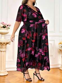 SHEIN CURVE+ 大码女士优雅连衣裙，适合工作、夏季穿着，网纱面料，弹力十足，短袖，长款，职业女性夏季服装套装 - 彩色 - 查看 7