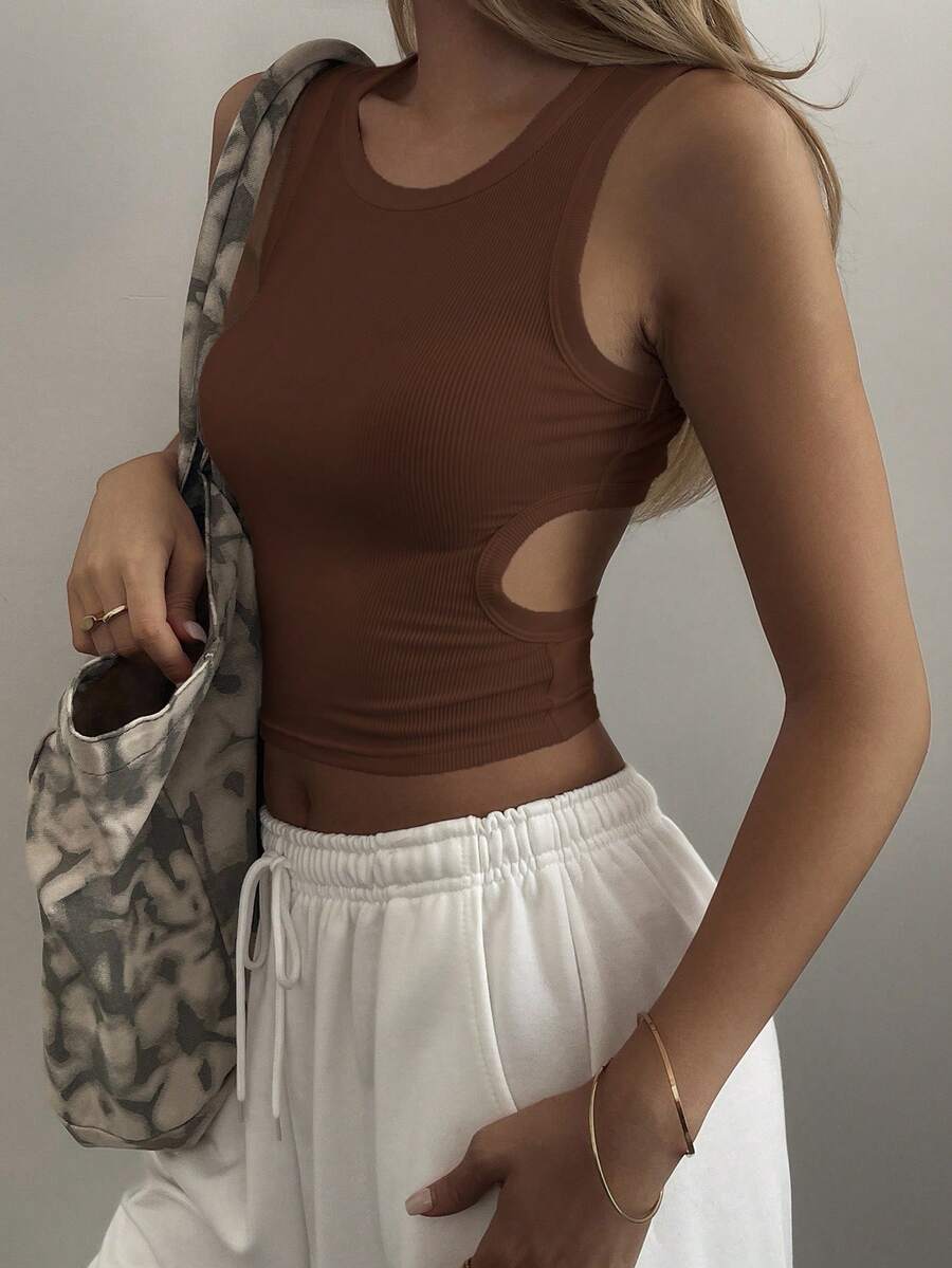 DAZY Women's Summer Round Neck Backless Hollow Design Fitted Cropped Casual Sexy Camisole Top - Coffee Brown - View 1