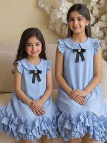 SHEIN Tween Girl Light Blue Summer Cute Floral Print Loose Short Sleeve Elegant Party Vacation Dress, Tween Girl Blue Ruffle Bow Knot Matching Dresses - White - View 7