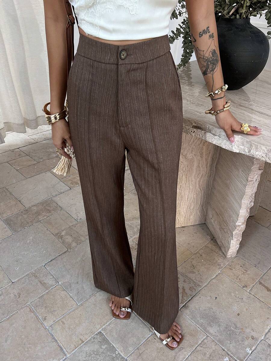 Strévra Women's Casual/Work Bell-Bottom Striped Pants - Khaki - View 1