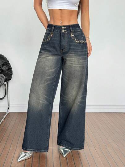 SHEIN PETITE 女士口袋纽扣休闲百搭日常穿着阔腿牛仔裤