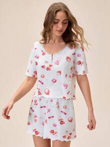 Loomlin 纯棉女士爱心气球印花纽扣蕾丝装饰两件套睡衣T恤+短裤休闲可爱睡衣套装 - 杏色 - 查看 5