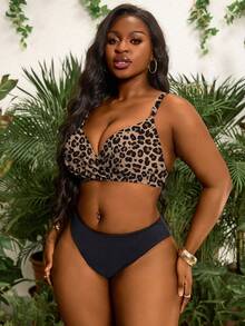 Slaydiva Plus Size Leopard Print Criss-Cross Bikini Top - Coffee Brown - View 6