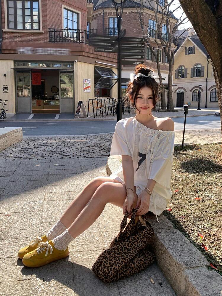 Women's Casual Loose Fit Numeric Print Asymmetrical Shoulder Short Sleeve T-Shirt