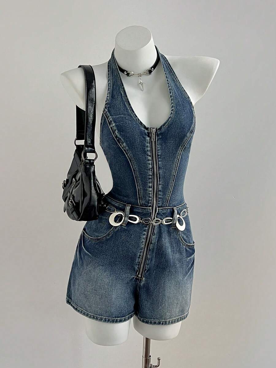 Elamini Women's Casual Backless Halter Denim Romper For Summer - Blue - View 1
