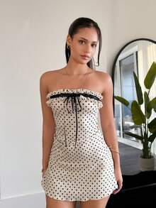 LHSEPT 女士荷叶边波点印花撞色蕾丝无肩带迷你连衣裙 - 白色 - 查看 5