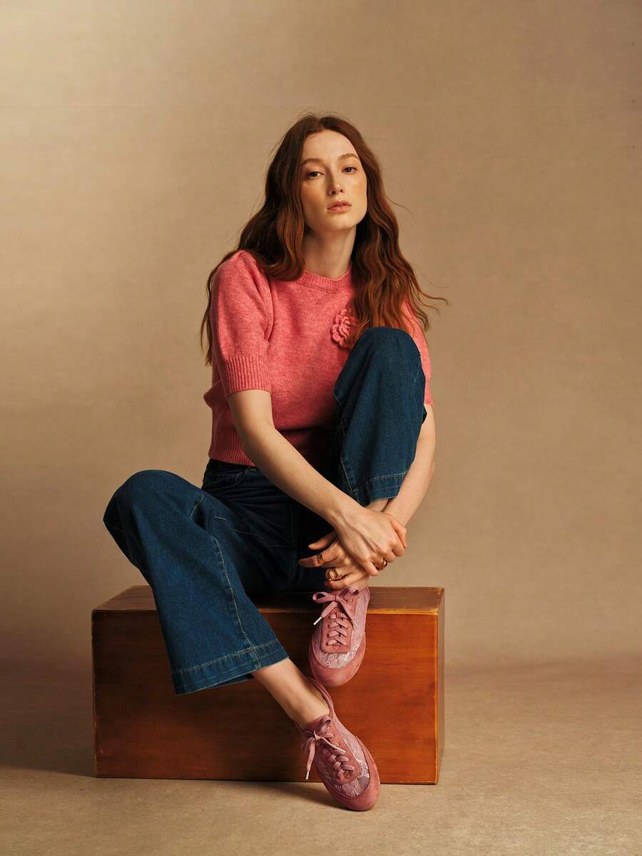 Rosivie Zapatos planos de mujer de moda casual con parches de encaje y cordones - Rosa - Ver 1