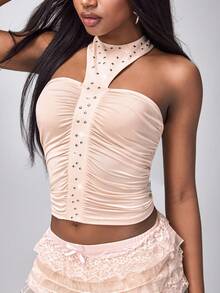 Y2Kool 休闲性感都市时尚极简主义Y2K风女式亮片露背吊带短款上衣，适合音乐节、日常、度假、约会、派对、新年、春夏等场合。 - 杏色 - 查看 6