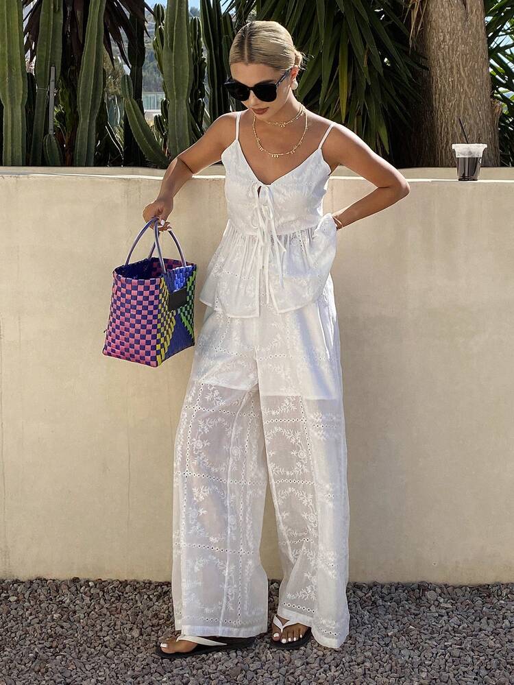Women's Elegant Embroidered White Tie-Up Ruffle Camisole And Wide Leg Pants 2 Pieces Set, Summer