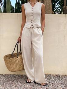 DAZY Women's Casual Solid Color Faux Pocket Drawstring Waist Wide Leg Pants 2-Piece Set, Spring/Summer Lounge Sets For Women Short Sets For Women - Apricot - View 6