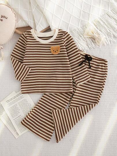 SHEIN 女婴休闲舒适宽松圆领菠萝条纹针织长袖上衣+阔腿菠萝条纹针织长裤T恤套装，适合日常休闲和居家穿着