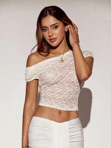 SHEIN ICON Women's Going Out Sexy Party Gown For Prom Night Club Concert Coachella Beachwear Gyaru Vacation Holiday Lace Asymmetric-Shoulder Fitted Cropped Top,Summer - Beige - View 6