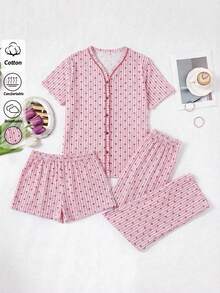 SHEIN 女士纯棉三件套粉色条纹家居服，撞色缝线纽扣前襟设计，短袖衬衫、短裤和长裤，舒适休闲睡衣套装 - 粉色 - 查看 4