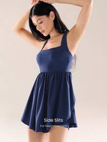 GLOWMODE Confidently You Ultra High-Rise Back Twist Design Side Split Hem Built-In Shorts Side Pockets Non-Slip Grips Babydoll Style Dress Casual - Dark Blue - View 7