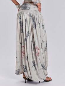 ROMWE Y2K Spring/Summer Women's Shell & Conch Print Low Waist Ruched Maxi Skirt - Multicolor - View 5