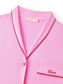 LUVLETTE 柔软棉质撞色滚边基础款纽扣上衣和裤子粉色家居服睡衣套装，裤子带口袋，女士家居服套装，情人节礼物睡衣 - 粉色 - 查看 5