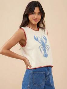 WESTFADE Round Neck Multi Stitch Summer Lobster Intarsia Sweater Tank Top Spring Break Vacation - Baby Blue - View 4