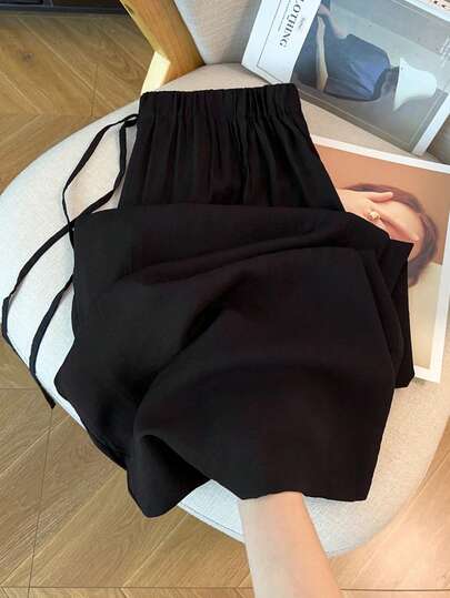 GlowEve CURVE Quần dài nữ cỡ lớn, màu trơn, dáng rộng thoải mái, ống rộng, cạp chun và có túi, chất liệu vải xếp ly.