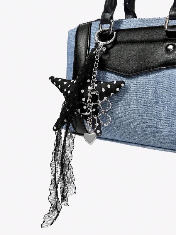 Viva Strut 1pc Fashionable Personalized Retro Street Black And White Polka Dot Pentagram Lace Streamer Floral Hardware Decoration Bag Pendant