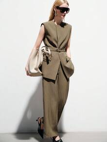 Aveloria Modichic Minimalist Commuter Versatile Elegant Women's Striped Crew Neck Sleeveless Vest With Belt Matching Wide Leg Suit Pants, Women's Suit Set - Coffee Brown - View 5