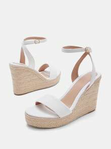 Glitzique 女士夏季海滩度假风格休闲透气亚麻绳圆头厚底凉鞋 - 白色 - 查看 11