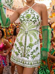 CAJUNI 女士休闲棕榈树印花露背迷你连衣裙，度假风 - 綠色 - 查看 5