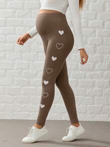 SHEIN Adjustable Waist Maternity Heart Print Leggings - Coffee Brown - View 5