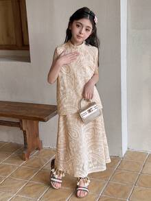 DAZY Tween Girls' Casual Vacation Paisley Textured Fabric Collared Sleeveless Top And Mini Skirt Set - Apricot - View 5