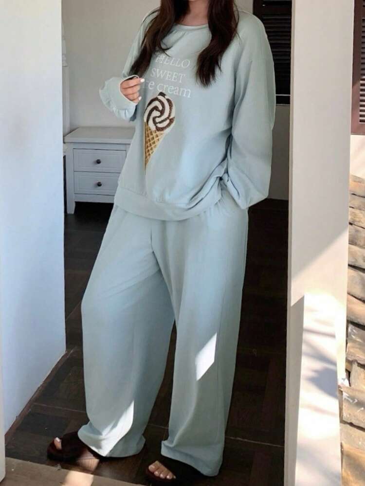 Dazy Plus Fashionable Printed Loose Fit Round Neck Top And Long Pants Sleepwear Set, Plus Size Women, Spring/Autumn