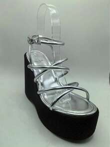 Sugerpunk Sandalias de plataforma, zapatillas de mujer con cuña y punta abierta, zapatos de moda para mujer - Plateado - Ver 11