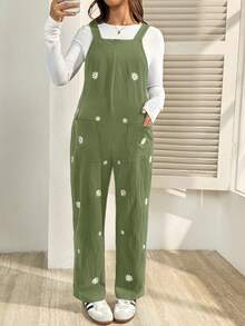 SHEIN Pregnant Women Floral Embroidery Pattern Casual Versatile Daily Wear Jumpsuit - Army Green - View 6