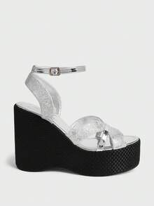 Sugerpunk Platform Sandals Women's Slippers Fish Mouth Wedge Heel Fashion Women's Shoes - Silver - View 1