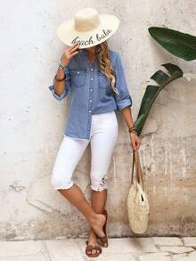 EMERY ROSE Women's Cuffed Sleeve V-Neck Single-Breasted Casual Denim Shirt - Blue - View 7