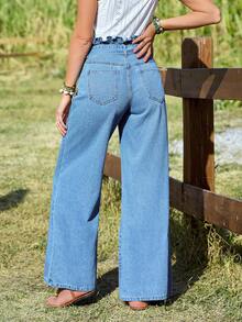 EMERY ROSE Women's Frill Waist Tie Pocket Wide Leg Loose Fit Jeans - Blue - View 2