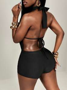 BamGleam Women's Fashionable Sexy Hollow-Out Backless Halter Neck Romper Unitard For Summer - Black - View 2