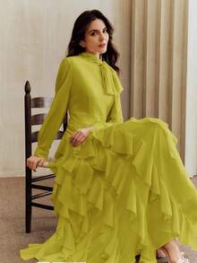 Anewsta Đầm nữ thanh lịch với cổ áo nơ chéo, tua rua đính đá, eo thắt, chân váy xòe, viền bèo nhún, màu hồng, duyên dáng và tinh tế, thích hợp cho các bữa tiệc. - màu xanh lá - Xem 5