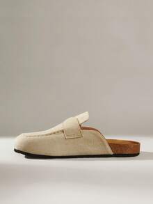 Solecia 女士新款平底套脚鞋，半包式拖鞋，采用仿麂皮材质，舒适百搭，适合外出、购物和休闲穿着。 - 卡其色 - 查看 3