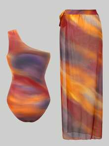 Swim Oasis Bộ áo tắm liền thân in họa tiết tie-dye dành cho nữ, có bèo nhún ở vai, kết hợp với áo khoác ngoài và chân váy ngắn, lý tưởng cho kỳ nghỉ. - Nhiều màu - Xem 2