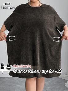SHEIN CURVE+ 大码休闲卡通“坏女孩”英文印花连衣裙，女士夏季海滩装扮/沙滩裙/海滩度假装/海滩必备/毕业典礼/下午茶派对连衣裙，夏季吊带裙/乡村风/海滩度假装/海滩装/沙滩服饰 - 深灰色 - 查看 6