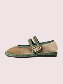 CUCCOO DOLLMOD 女士灰色时尚优雅天鹅绒经典舒适平行双带玛丽珍平底鞋 - 卡其色 - 查看 2