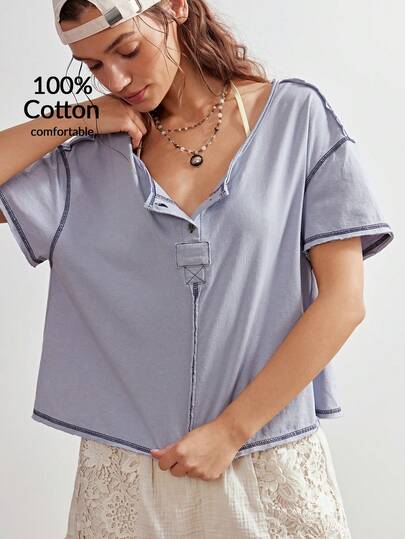 Bohemela Casual Solid Color V-Neck Short Sleeve Loose Washed Women T-Shirt