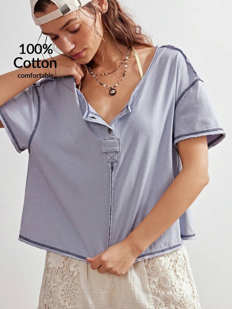 Bohemela 波西米亚风春夏休闲蓝色针织V领短袖宽松水洗女式T恤，适合情人节、度假、西部乡村音乐节、假日、海滩度假、返校季等场合。 - 灰色 - 查看 4