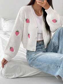 Casual Strawberry Embroidery Lantern Sleeve Cardigan - White - View 3