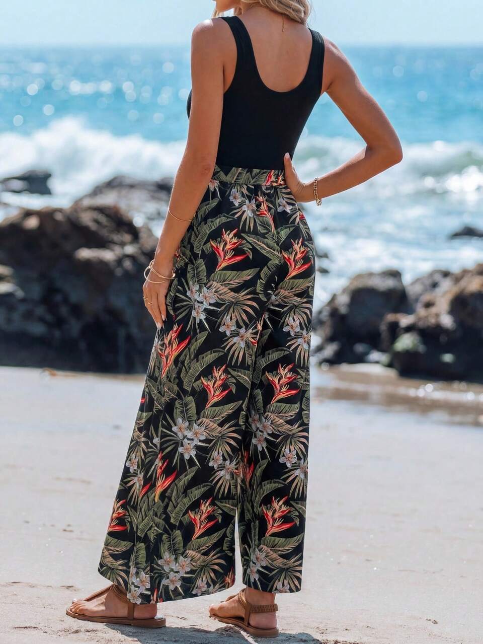 Tropical Print Slant Pocket Belted Cami Jumpsuit,Casual