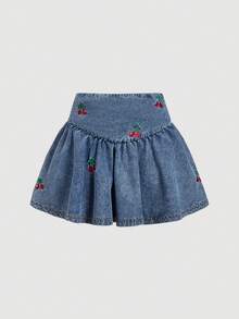 SHEIN MOD 女士休闲樱桃刺绣牛仔迷你裙，夏季 - 藍色 - 查看 3