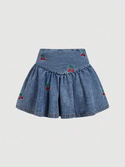 SHEIN MOD Women's Casual Cherry Embroidery Denim Mini Skirt, Summer