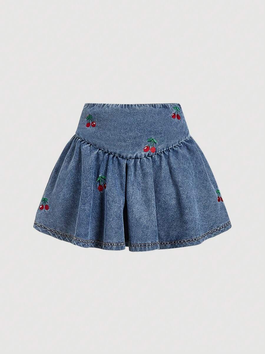SHEIN MOD Women's Casual Cherry Embroidery Denim Mini Skirt, Summer - Blue - View 1