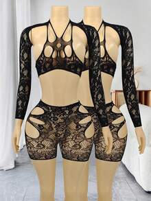 2pcs Women's Sexy Lingerie Set, Mesh Hollow Seductive Underwear - Black - View 6