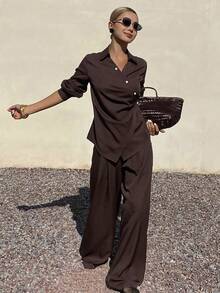DAZY Bộ đồ nữ thường ngày gồm áo sơ mi cổ bẻ và quần ống rộng màu trơn, thích hợp cho mùa xuân/hè. - Cà phê nâu - Xem 5