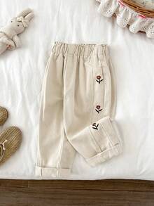 LMoss Kids 女婴花卉刺绣宽松锥形卡其色牛仔裤 - 杏色 - 查看 12